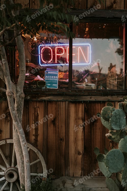 Preview: Neon open sign in the window of a restaurant