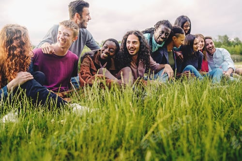 Preview: Diverse generation z young people hugging in the park