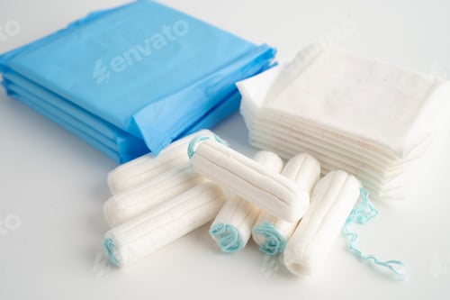 Preview: Menstruation cycle with sanitary pad and cotton tampon for woman hygiene and protection.