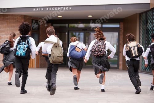 Preview: Group Of High School Students Wearing Uniform Running Into School Building At Beginning Of Class