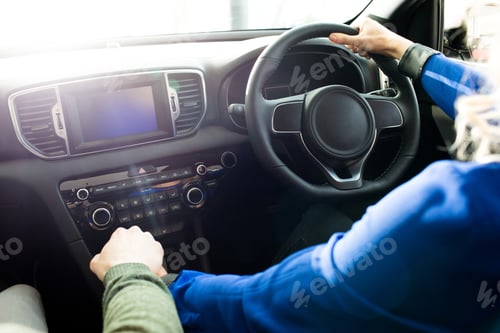 Preview: Cropped image of couple test driving