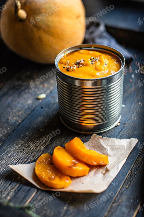 Preview: Pumpkin Cream Soup Eat First Course Top View Copy Space For Text Food Background Rustic