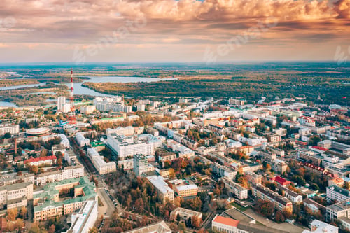 Preview: Aerial view of Homiel cityscape skyline in autumn sunny day. Bird's-eye view of Gomel TV tower