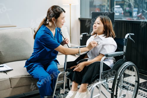 Preview: Nurse assisting a patient in a wheelchair, showcasing care, compassion, and professionalism
