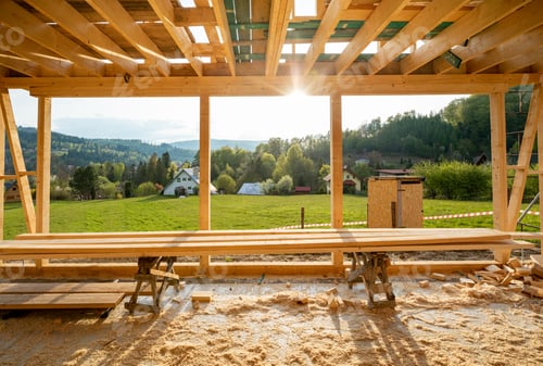 Preview: New interior residential wooden construction house framing