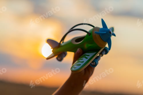 Preview: Boy's hand holds a wooden airplane against the sky during sunset.