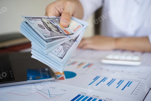 Preview: businesswoman counting money, finance, saving, banking, and people concept - close up of woman hands