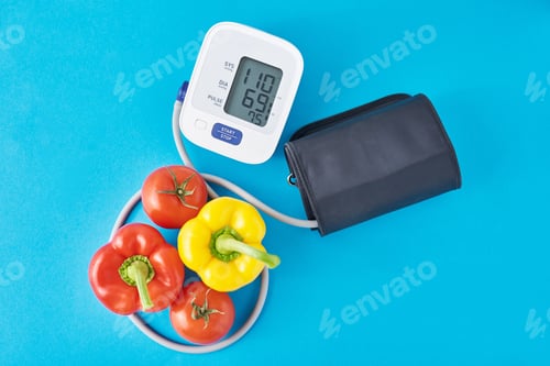 Preview: Digital blood pressure monitor and fresh vegetables on a blue background. Healthcare concept