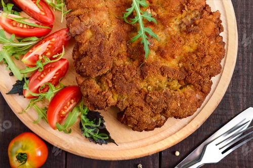 Preview: A large Viennese schnitzel and tomato salad