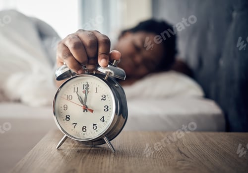 Preview: Wake up, alarm clock or woman sleeping in bed in the morning after resting pressing a snooze button