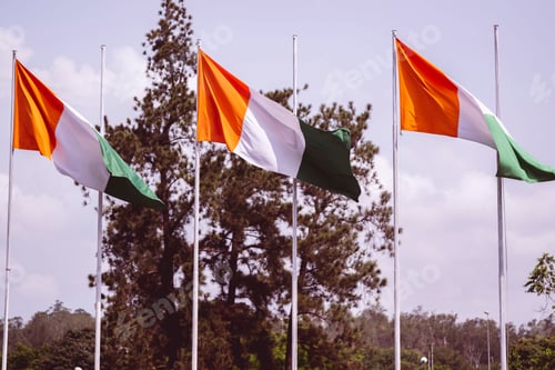 Preview: Vibrant scene of a line of Ireland flags waving in the wind