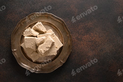 Preview: Tasty sweet dessert halva prepared from sunflower seeds on brown.