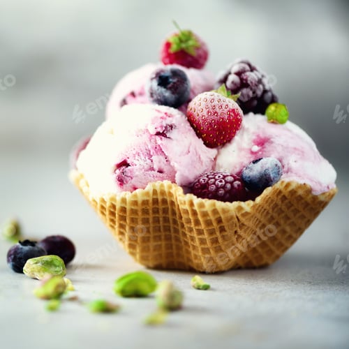 Preview: Pink ice cream with berries, strawberries, blueberries, raspberries, pistachios in waffle basket