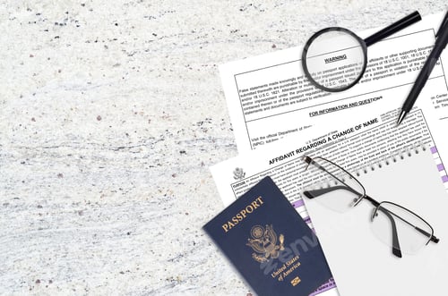 Preview: Department of State form DS60 Affidavit Regarding a change of name lies on table and ready to fill
