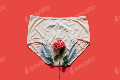 Preview: Reusable Period Underwear with rose flower on red background. Absorbent and Affordable Period
