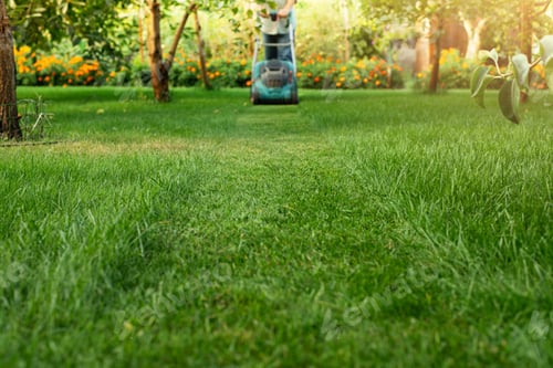 Preview: Man pushing lawn mower. Lawn care background, place for text