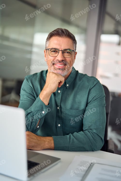Preview: Smiling older business man sitting at work in office, vertical portrait.