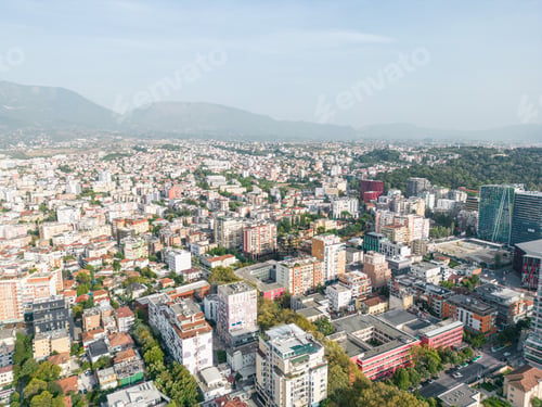 Preview: Center of the city of Tirana, Albania, as seen from a drone, on a bright day