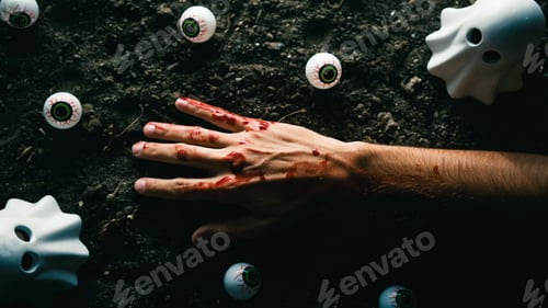 Preview: Bloody hand surrounded by plastic eyeballs and ghost figurines on dirt.