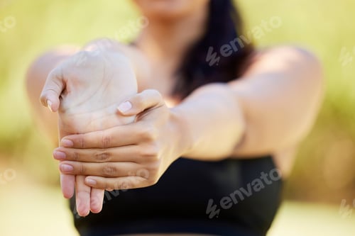Preview: Closeup, hands and woman stretching in nature for fitness, yoga and cardio workout on blurred backg