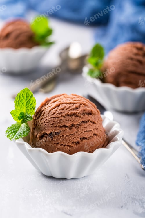Preview: Chocolate ice cream in white bowl.
