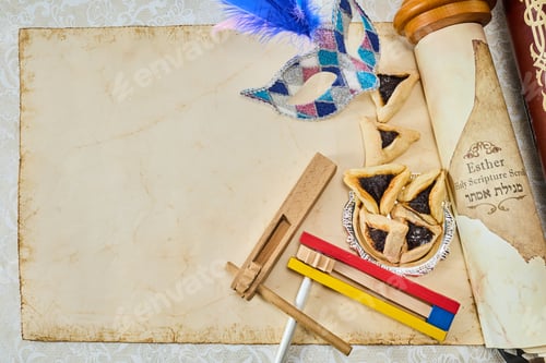 Preview: Purim Celebration Items. Festive Purim setup with Esther scrolls, Hamantaschen, and a mask