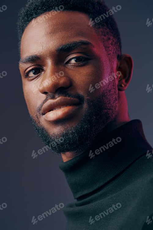Vista previa: Portrait of a confident Black man in a stylish turtleneck sweater, expressing self assurance with a
