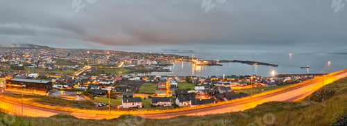 Preview: Torshavn city panoramic view summer night. Faroe islands capital town.