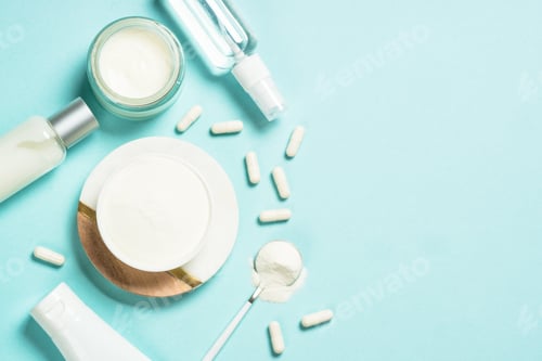 Preview: Collagen powder dietary supplement at blue background