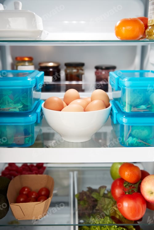 Preview: View Inside Refrigerator Of Healthy Food And Packed Lunches In Plastic Containers