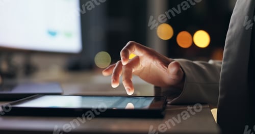 Preview: Person, hand and tablet in night office for scrolling, website and online review or project submiss