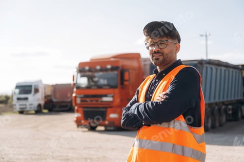 Preview: In orange uniform. Male worker is near truck outdoors
