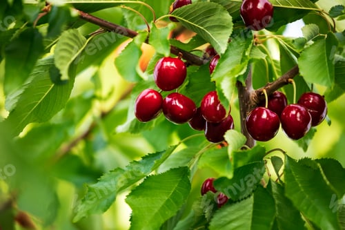 Ripe Cherries on the Branch in Summer