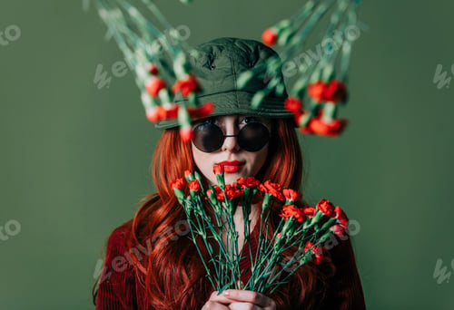 Preview: Stylish redhead woman in hat and burgundy color suit with carnations on green background