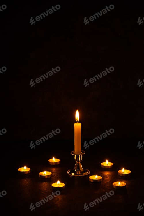 Preview: front view of burning candles as memory for fallen dark surface war death israel warriors