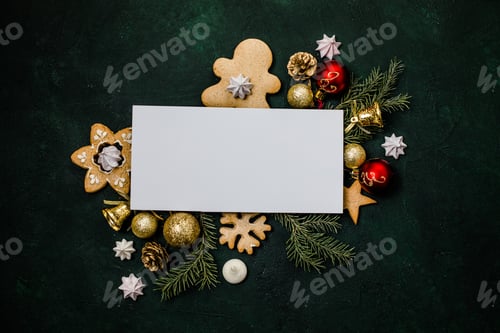 Preview: Christmas card with holiday decorations and frame for text. Merry Christmas greeting card, banner.