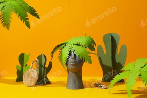 Preview: Vacation concept with decorative head against orange background
