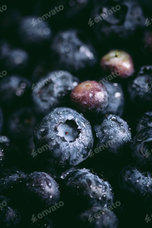 Preview: Macro close up photo of blueberry. Water drops on berries. Blue color. Zoomed in. Fresh berries.