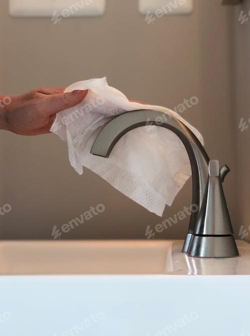 Preview: Wiping down the sink faucet with disinfecting wipe