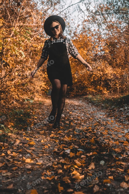 Preview: Hipster woman portrait, autumn park, beautiful golden nature. Lifestyle, hat.