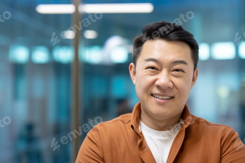 Preview: Smiling asian businessman in modern office setting, showcasing confidence and positivity at work