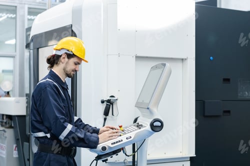 Preview: Man engineer using computer controlling cnc machine at workshop.