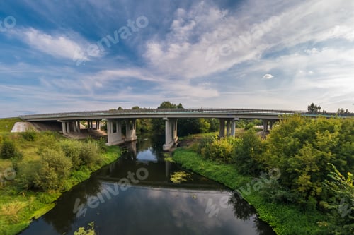 Preview: panorama view near big huge bridge across river
