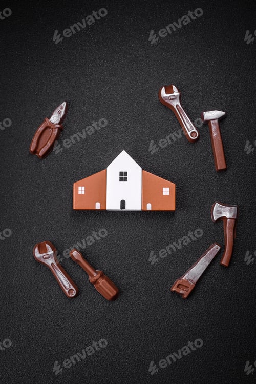 Preview: Repair or home improvement tools and a house model on a plain background