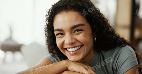 Preview: Portrait, chilling and woman with smile, home and comfortable on couch in lounge, weekend and relax