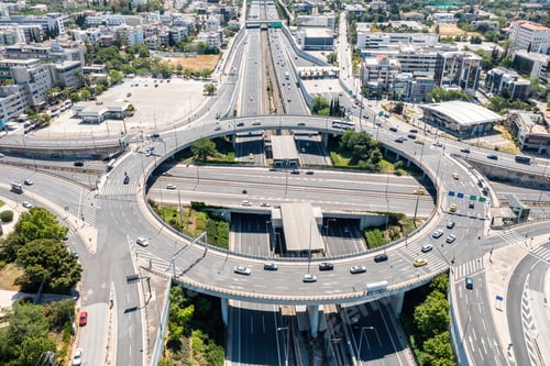 Preview: Attiki Odos toll road interchange with Kifisias Avenue, Marousi Athens, Greece. Aerial drone view