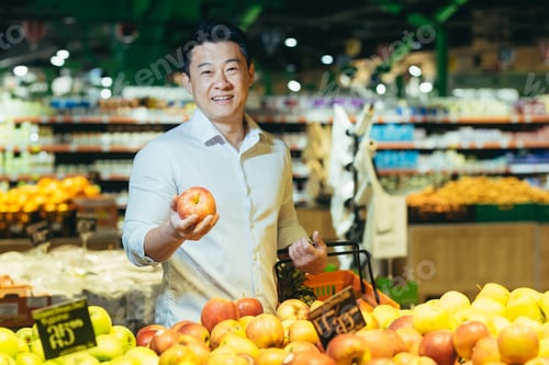 Preview: An Asian man is shopping in a supermarket, standing near the fruit and vegetable section with basket
