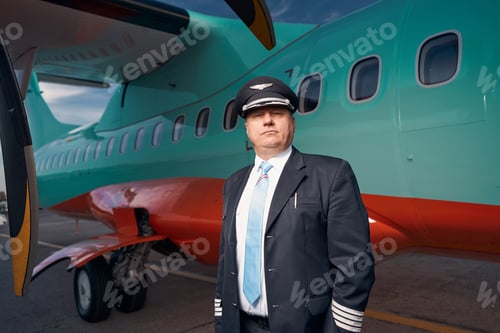 Preview: Professional airplane captain looking at camera near his plane
