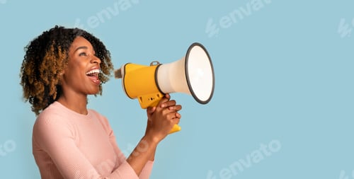 Preview: Announcement Concept. Cheerful Black Woman Shouting With Megaphone In Hands, Blue Background