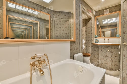 Preview: Interior of bathroom with white bathtub and toilet